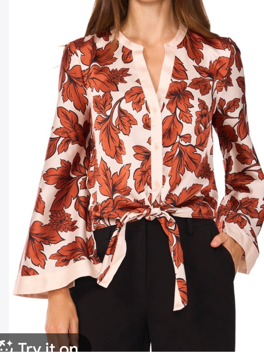 Halogen tie front rust fall leaves Cream Blouse with bell sleeves